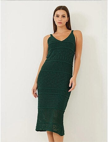 Vestido de punto calado con tirantes finos y forro lucci