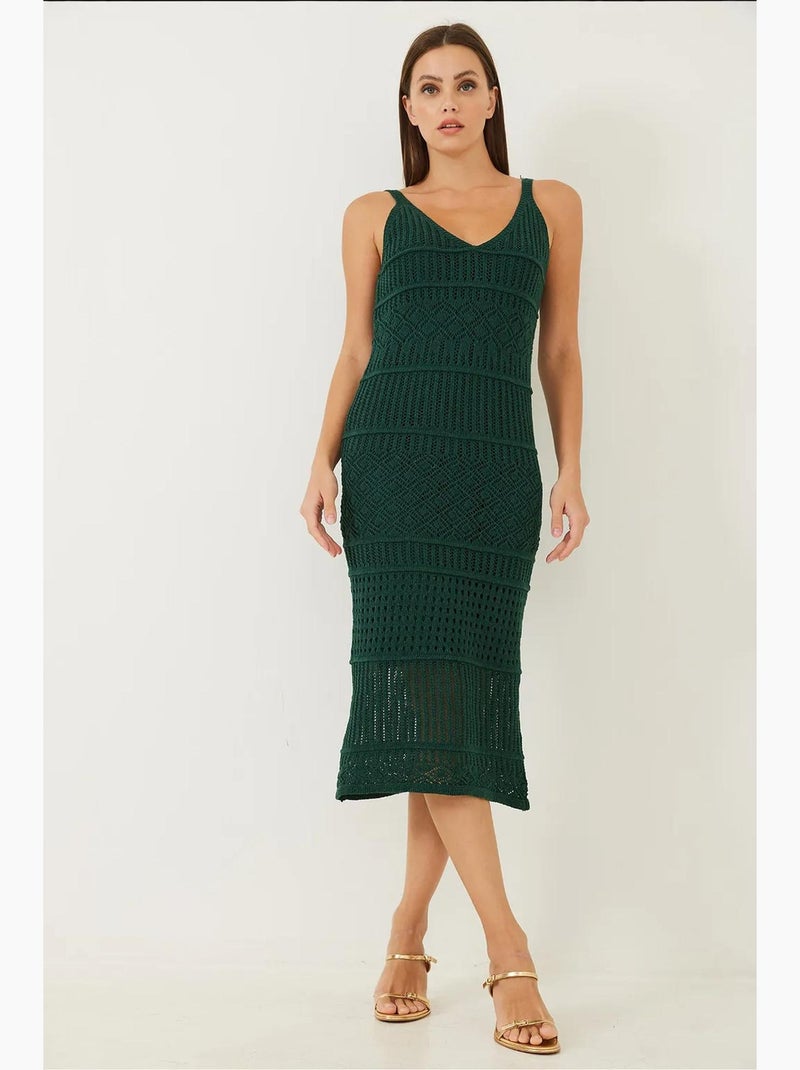 Vestido de punto calado con tirantes finos y forro lucci Verde botella - Kiabi