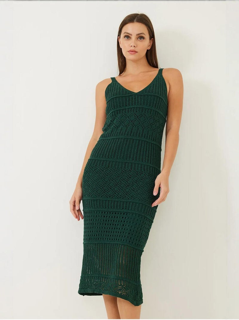 Vestido de punto calado con tirantes finos y forro lucci Verde botella - Kiabi