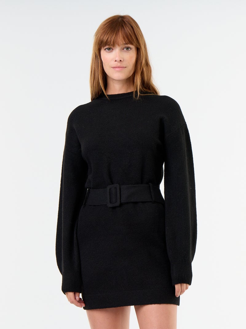 Vestido de punto con cinturón Negro - Kiabi