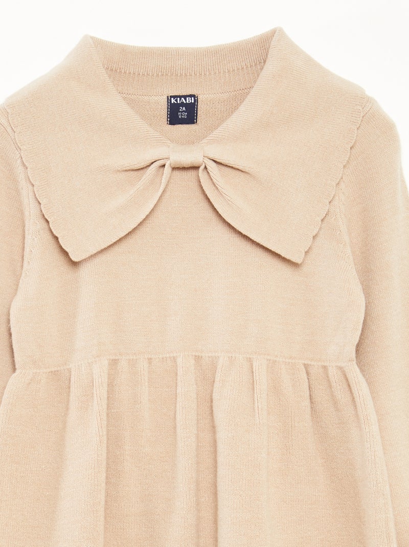 Vestido de punto con cuello de lazo Beige - Kiabi
