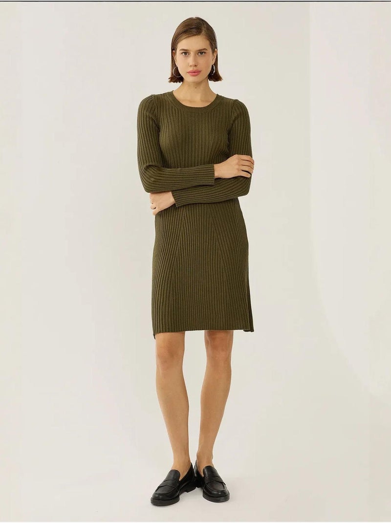 Vestido de punto con cuello redondo Caqui - Kiabi