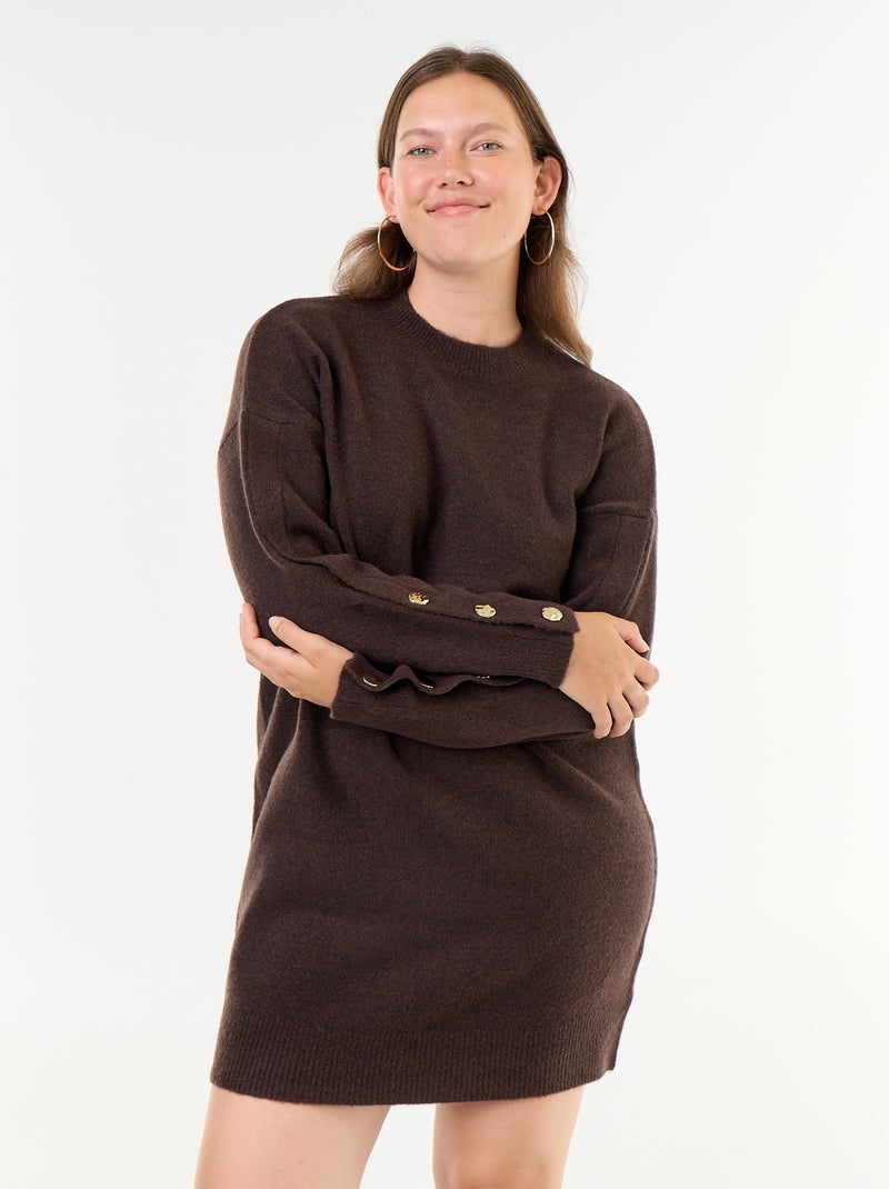 Vestido de punto con mangas abotonadas Marron - Kiabi