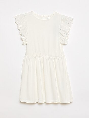 Vestido de punto con mangas cortas en bordado inglés