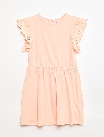 Vestido de punto con mangas cortas en bordado inglés