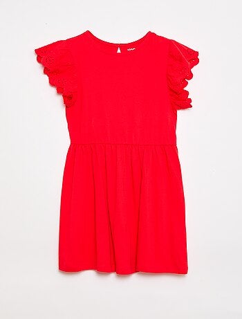 Vestido de punto con mangas cortas en bordado inglés