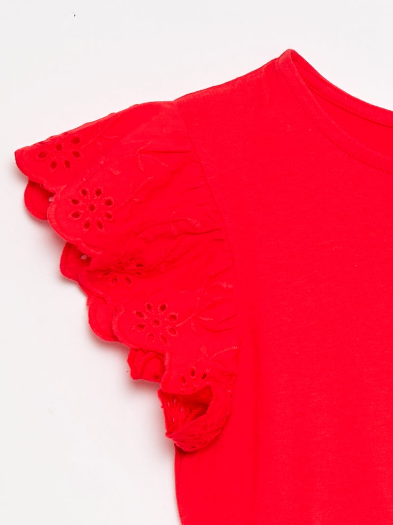 Vestido de punto con mangas cortas en bordado inglés Rojo - Kiabi