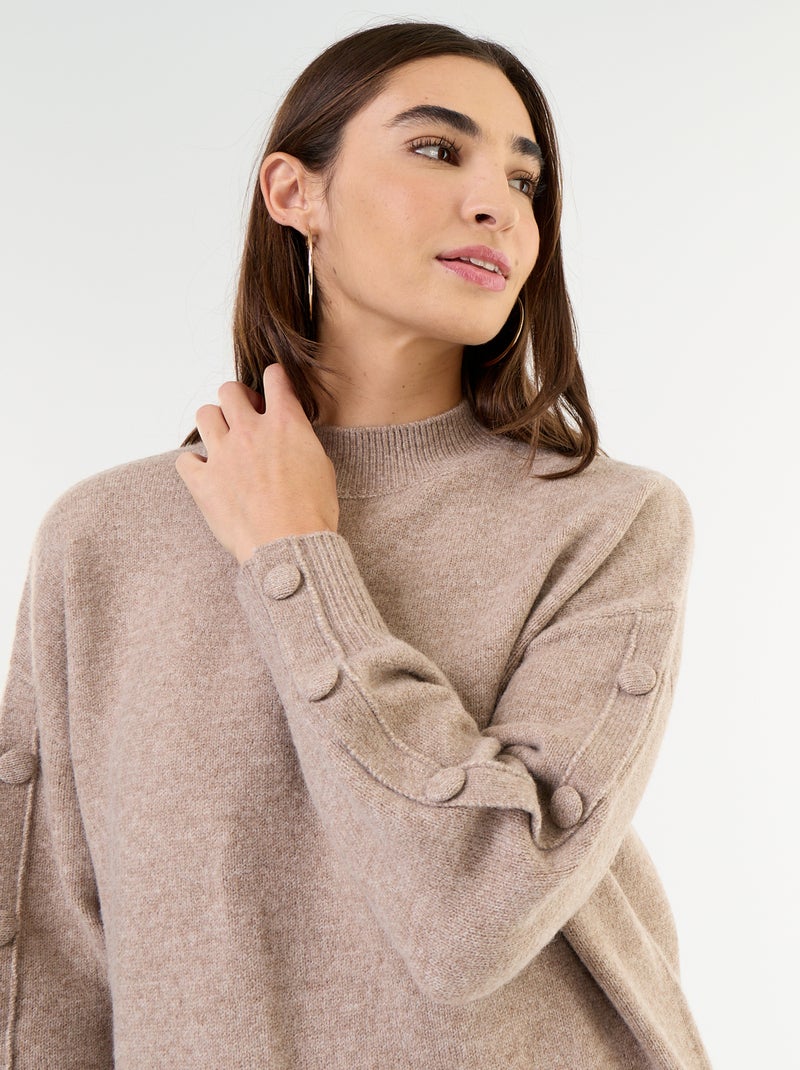 Vestido de punto corto con mangas abotonadas Beige - Kiabi