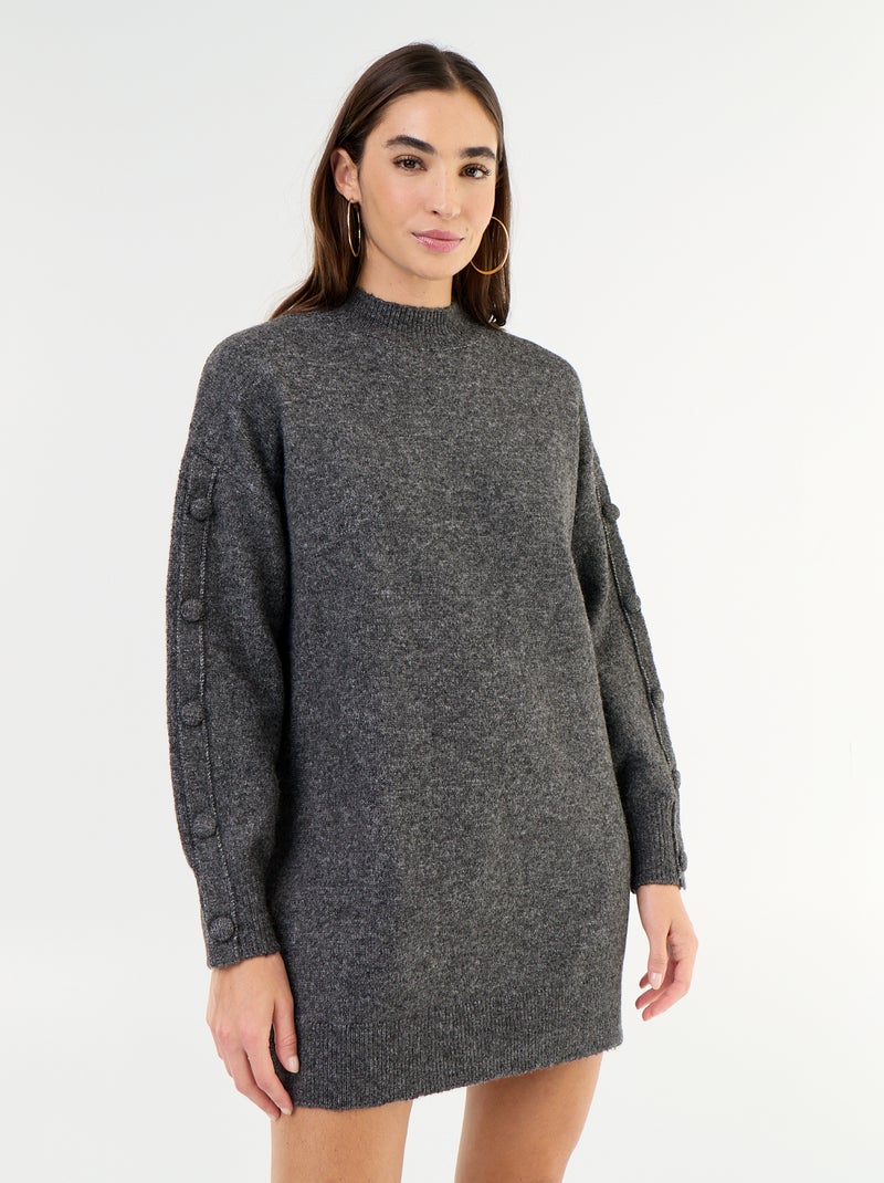 Vestido de punto corto con mangas abotonadas Gris - Kiabi