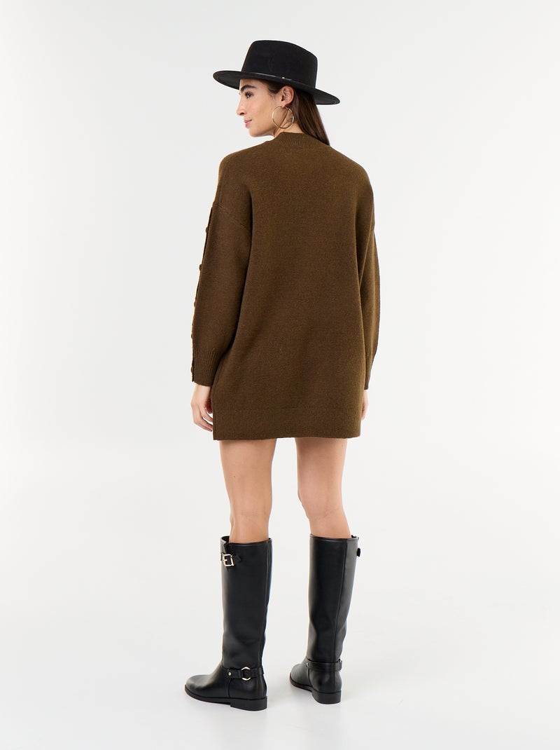 Vestido de punto corto con mangas abotonadas Marron - Kiabi
