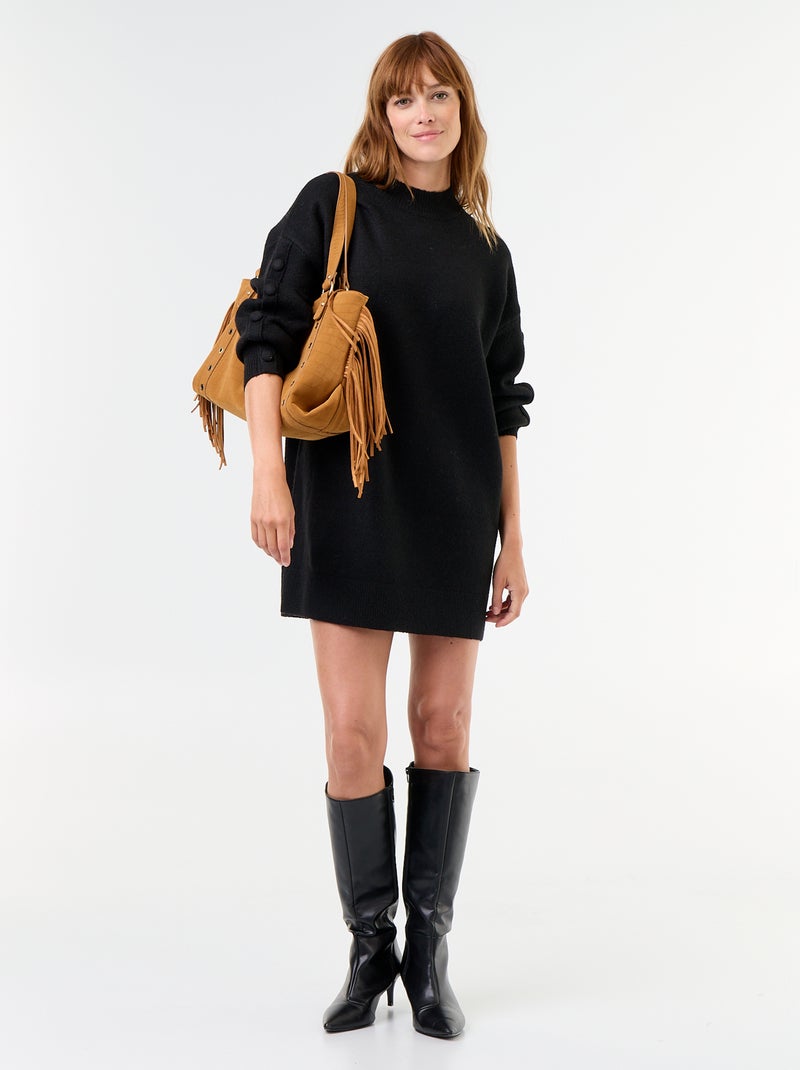Vestido de punto corto con mangas abotonadas Negro - Kiabi
