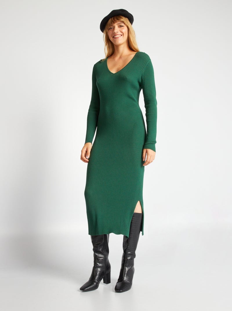 Vestido de punto de canalé Verde - Kiabi