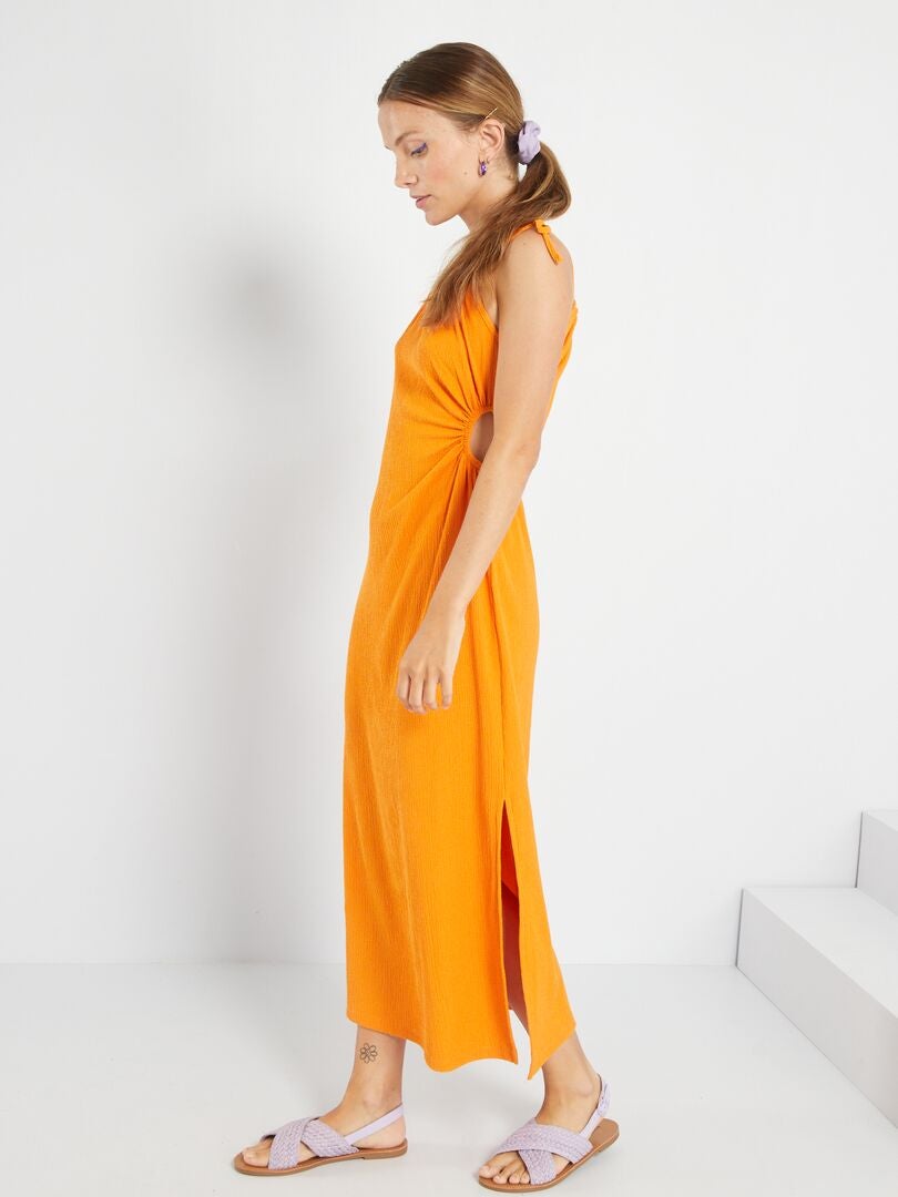 Vestido French Connection Para Mujer - Color Naranja, Talla 34, Tejido Suave Y Elástico, Escote De Corazón Y Volantes