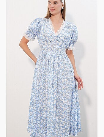 Vestido de punto midi de línea a con cuello de pico y flores bdart