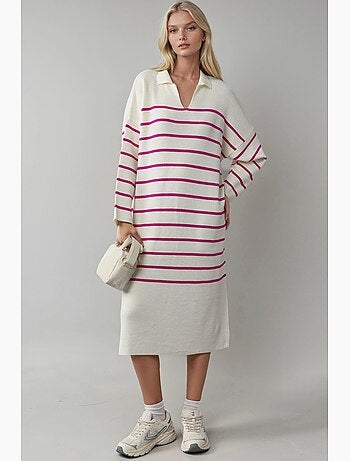 Vestido de punto midi holgado con escote en v y rayas de my fashion