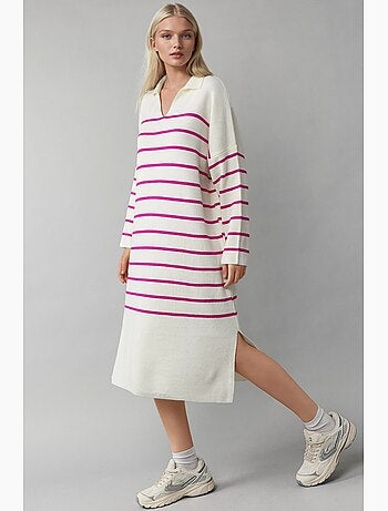 Vestido de punto midi holgado con escote en v y rayas de my fashion
