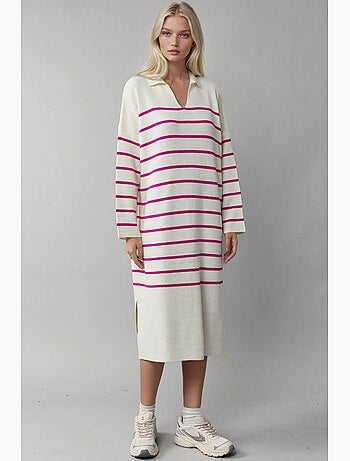Vestido de punto midi holgado con escote en v y rayas de my fashion