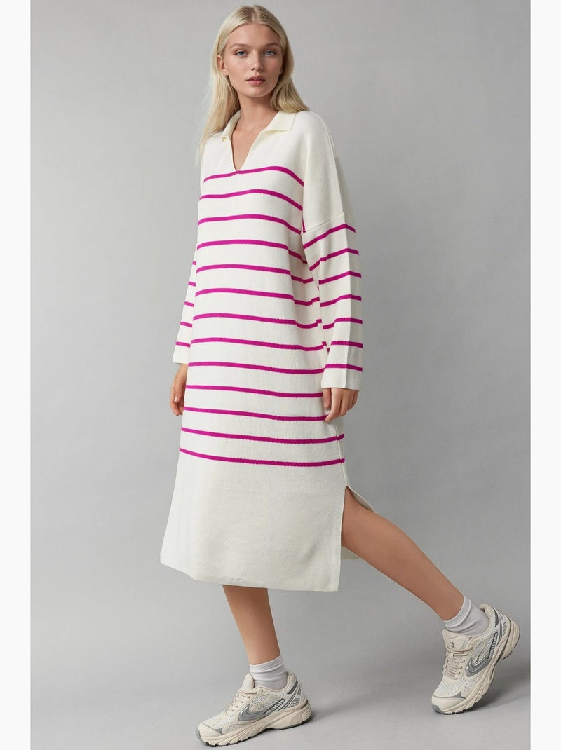 Vestido de punto midi holgado con escote en v y rayas de my fashion Magenta - Kiabi