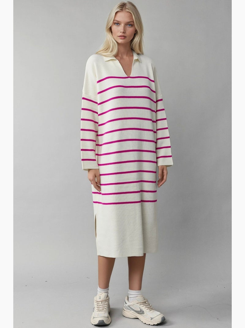 Vestido de punto midi holgado con escote en v y rayas de my fashion Magenta - Kiabi
