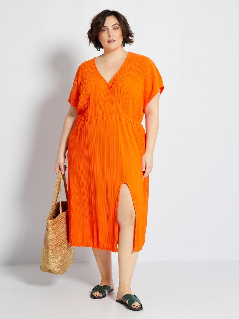 Vestido de punto plisado naranja - Kiabi
