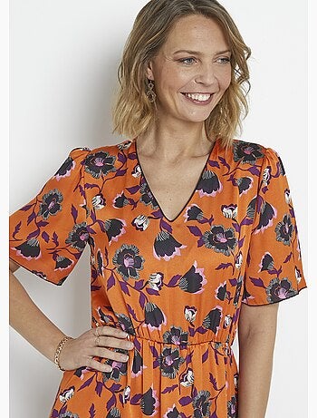 Vestido de satén con flores y mangas de mariposa - Afibel
