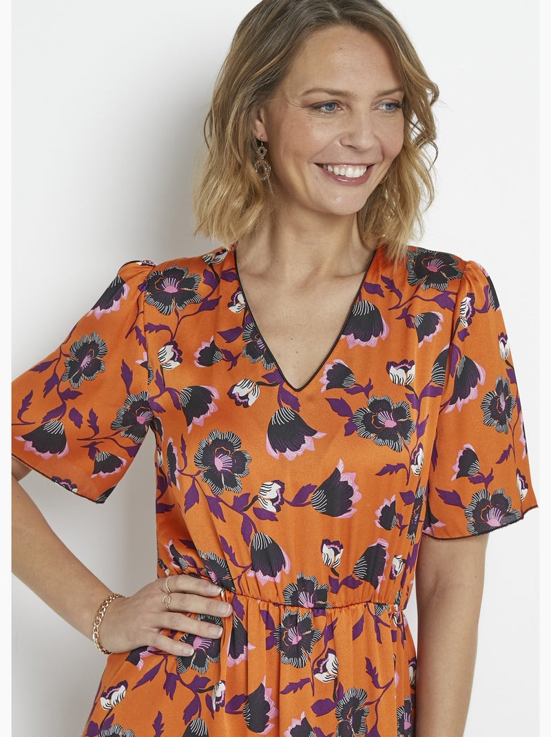Vestido de satén con flores y mangas de mariposa - Afibel Naranja - Kiabi