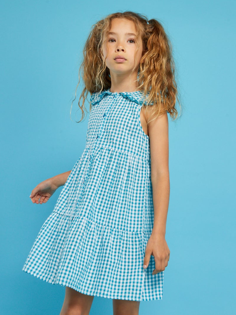 Vestido de seersucker con motivos vichy azul turquesa - Kiabi