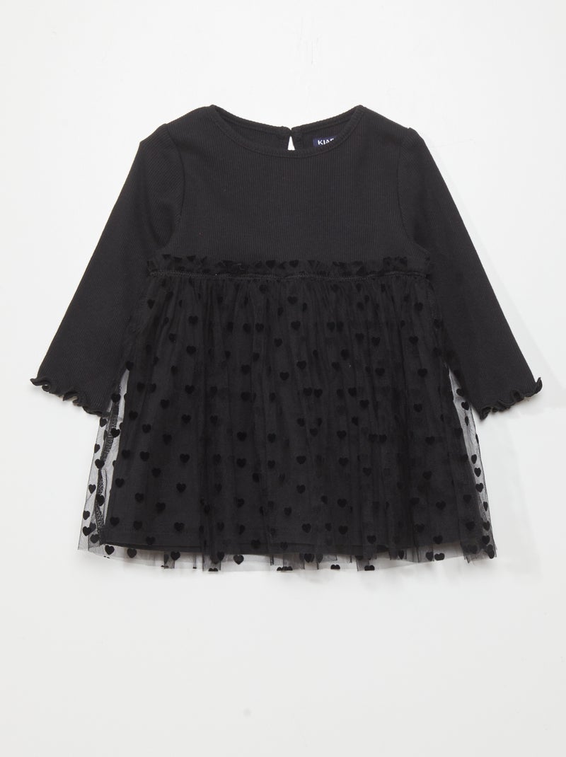 Vestido de tejido de canalé y tul NEGRO - Kiabi