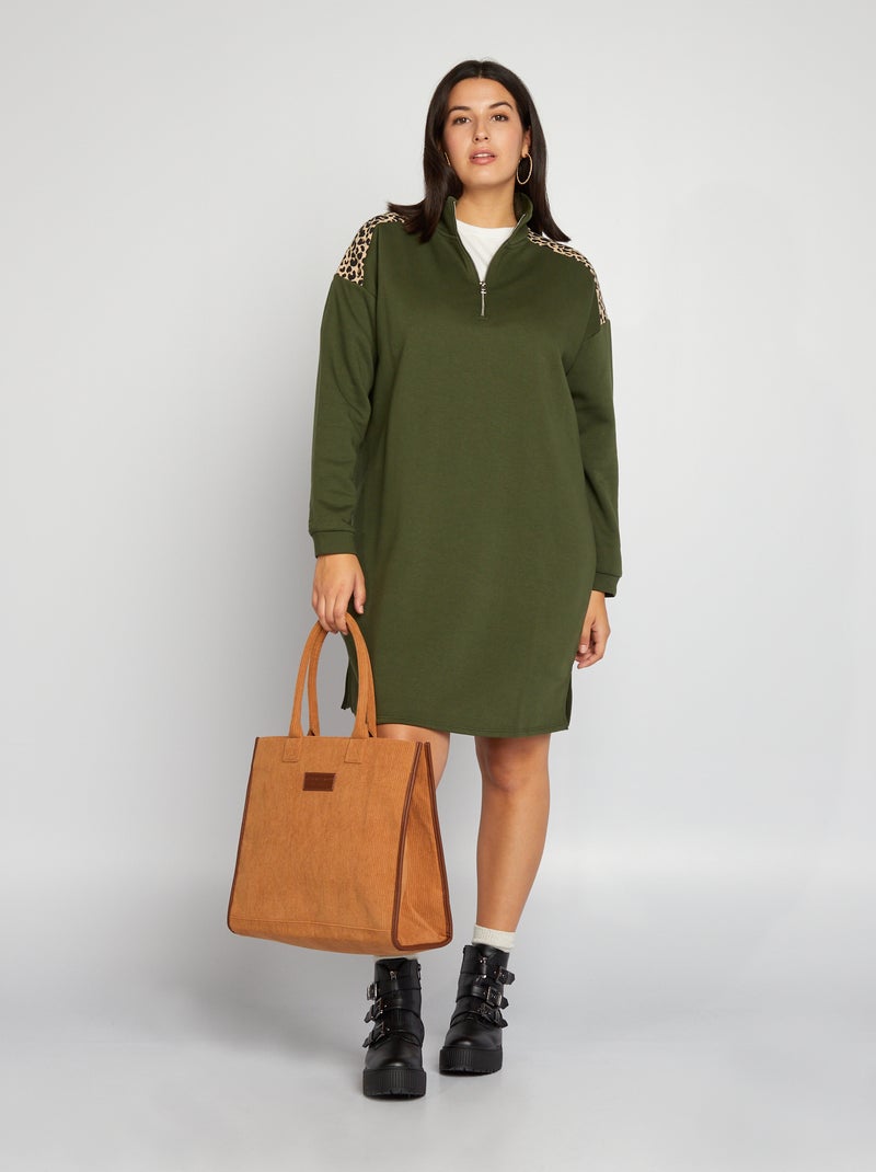 Vestido de tejido de chándal con cuello con cremallera VERDE - Kiabi