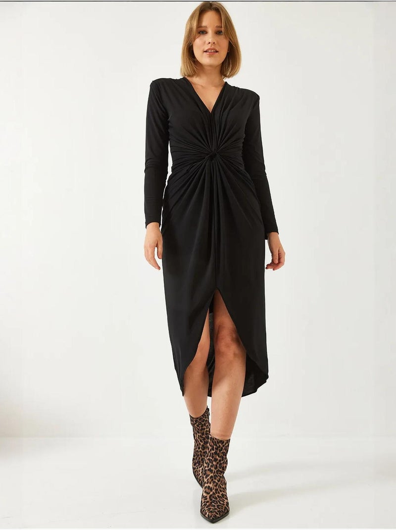 Vestido de tela color caramelo con escote en v y fruncido frontal lucci Negro - Kiabi
