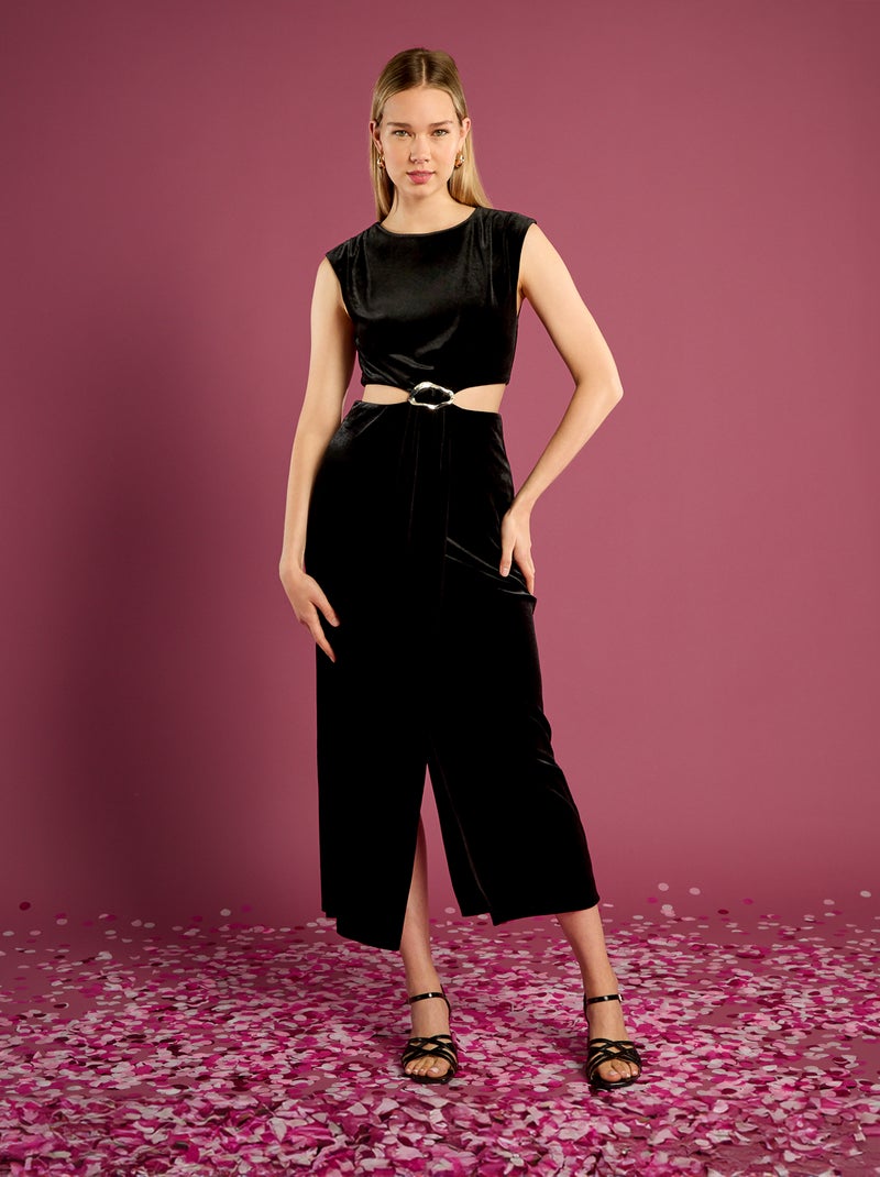 Vestido de terciopelo con aberturas laterales Negro - Kiabi