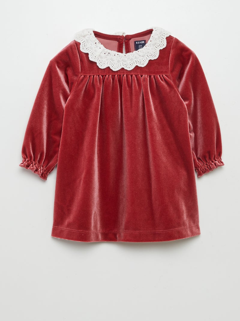 Vestido de terciopelo con cuello con bordado inglés rojo - Kiabi