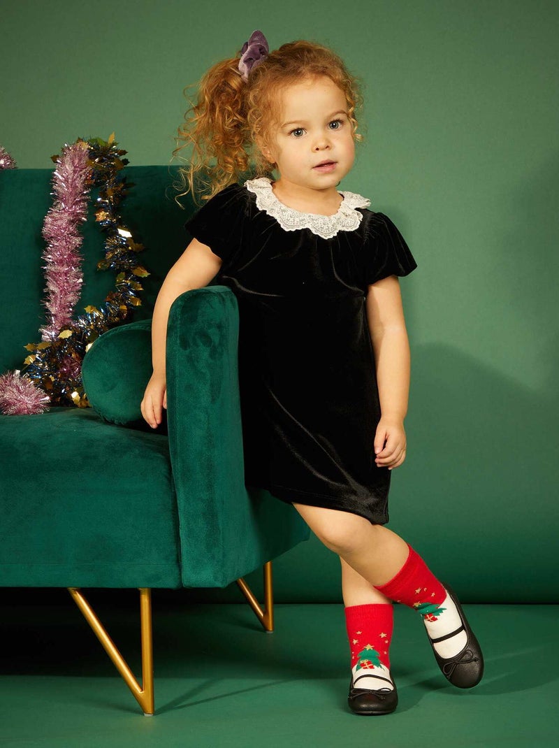 Vestido de terciopelo con cuello de tul bordado negro - Kiabi