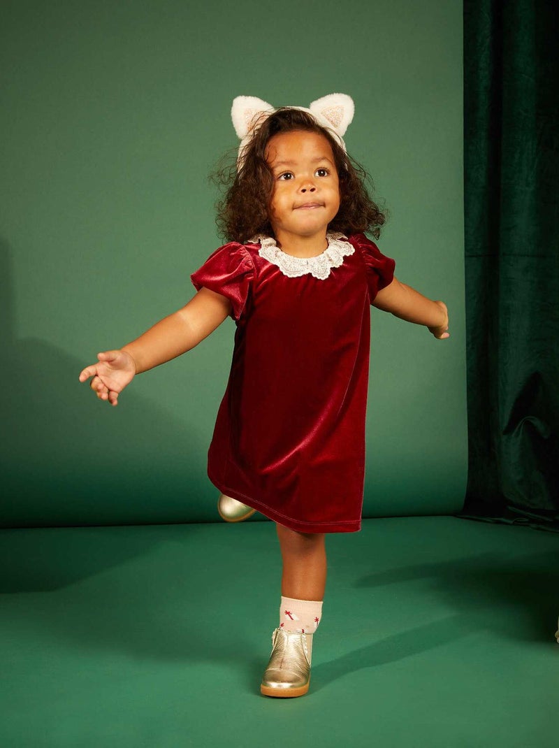 Vestido de terciopelo con cuello de tul bordado Rojo - Kiabi