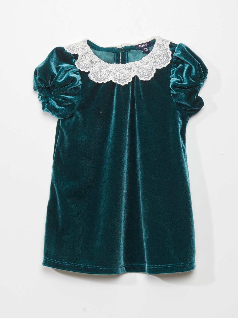 Vestido de terciopelo con cuello de tul bordado VERDE - Kiabi