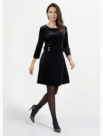 Vestido de terciopelo con cuello redondo y cintura definida - afibel