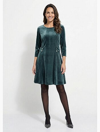 Vestido de terciopelo con cuello redondo y cintura definida - afibel