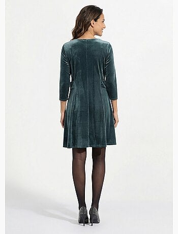 Vestido de terciopelo con cuello redondo y cintura definida - afibel