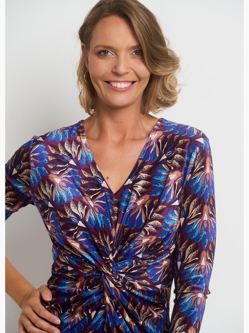 Vestido de terciopelo estampado con cintura drapeada - AFIBEL Azul beige - Kiabi