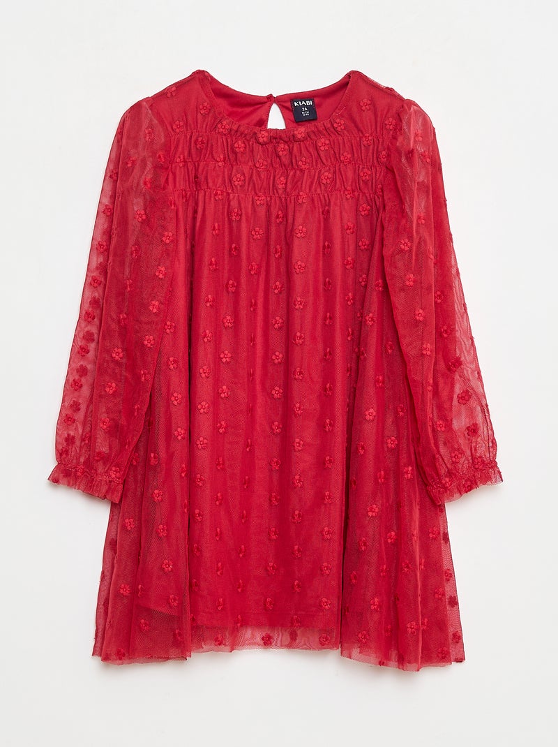 Vestido de tul con bordados de flores Rojo - Kiabi