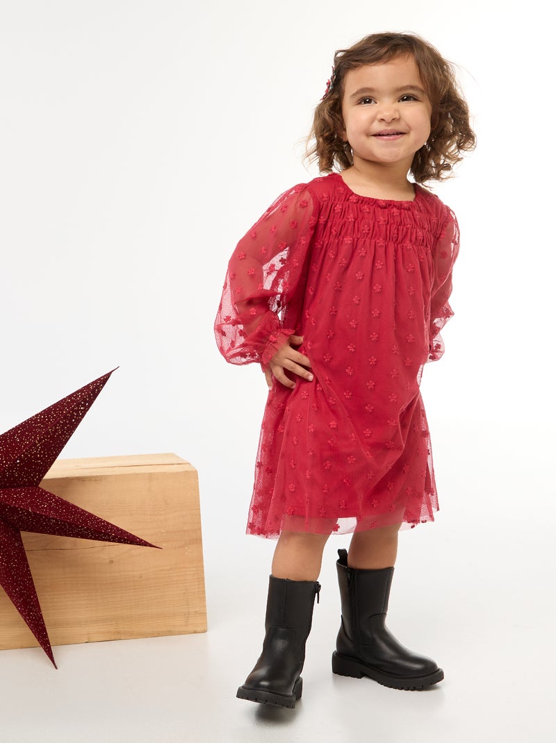 Vestido de tul con bordados de flores Rojo - Kiabi