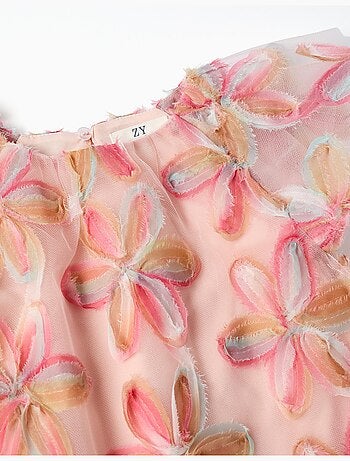 Vestido de tul de manga corta con flores 3D