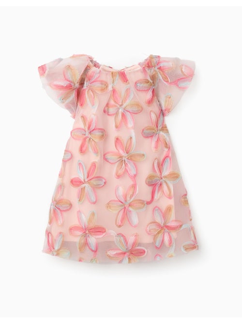 Vestido de tul de manga corta con flores 3D - Kiabi