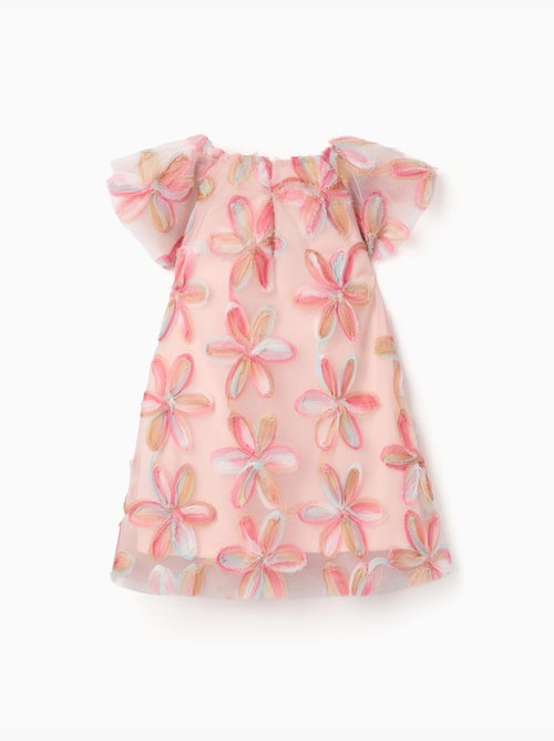 Vestido de tul de manga corta con flores 3D - Kiabi