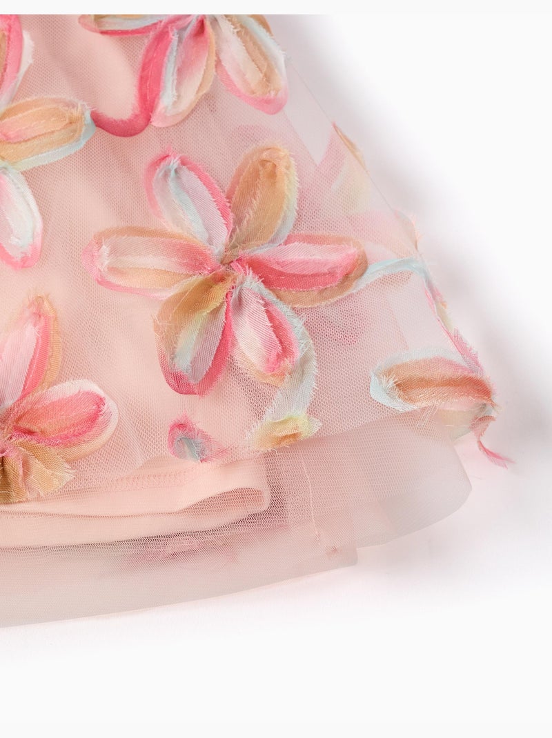 Vestido de tul de manga corta con flores 3D Rosa claro - Kiabi