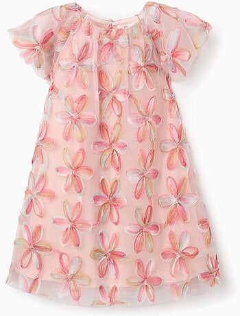 Vestido de tul de manga corta con flores 3D