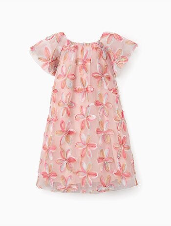 Vestido de tul de manga corta con flores 3D