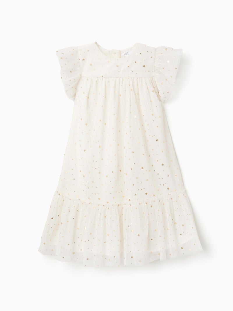 Vestido de tul sin mangas con volantes y estrellas Blanco - Kiabi