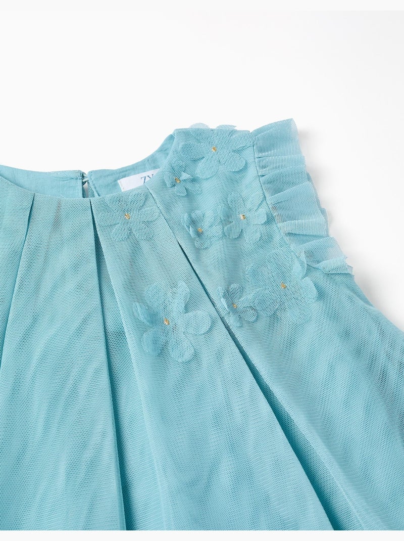Vestido de tul sin mangas con volantes y flores Azul claro - Kiabi