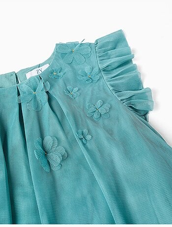 Vestido de tul sin mangas con volantes y flores